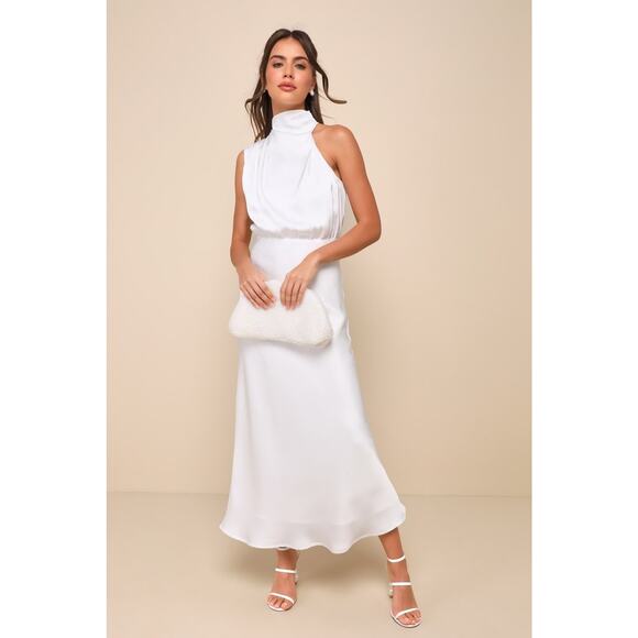 NWOT Lulus Distinctive Charm White Satin Asymmetrical Midi Dress Wedding Size S - Picture 1 of 9